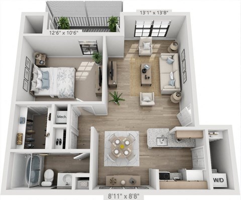 Floor plan for 1 bed, 1 bath, 757 sqft